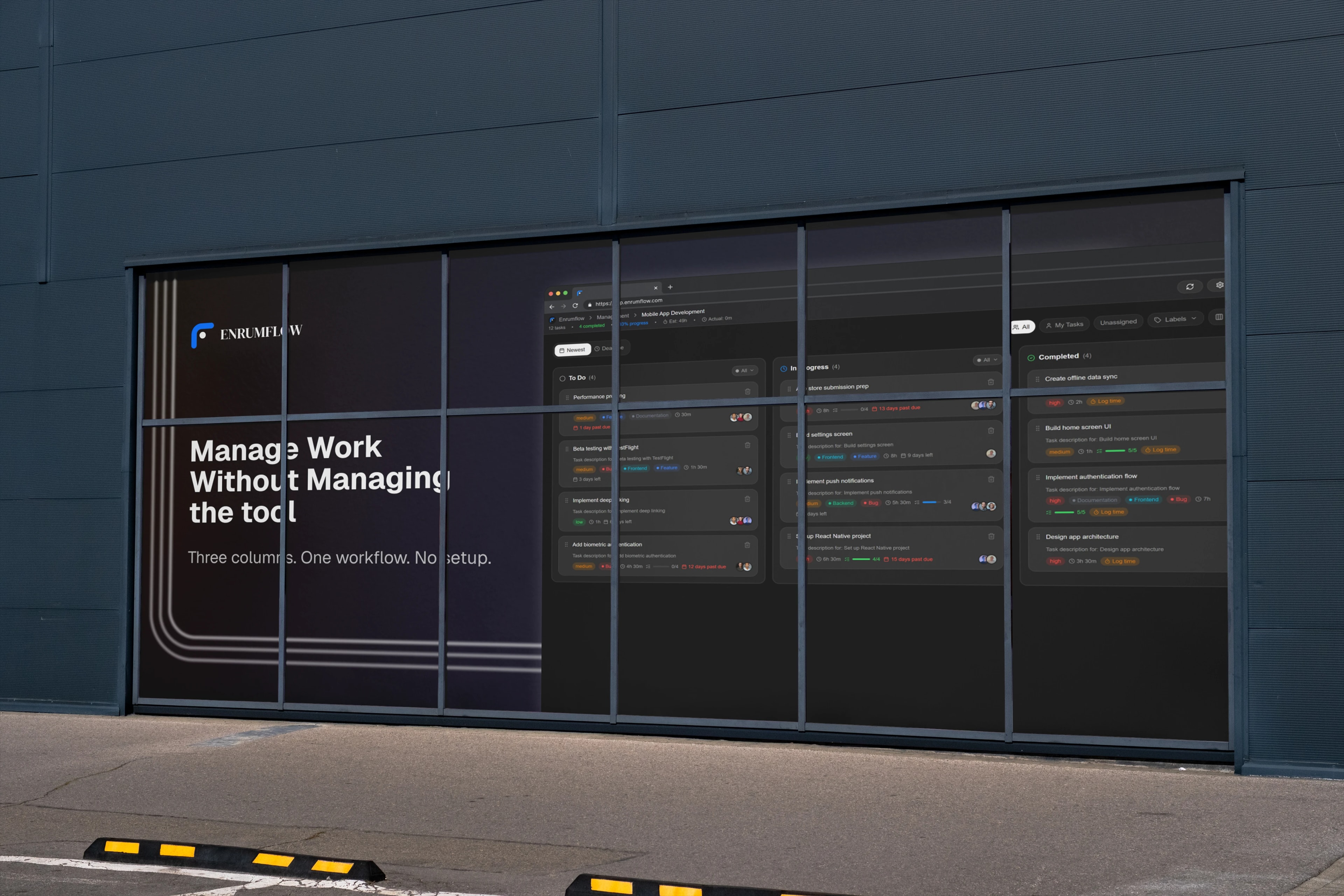 EnrumFlow wall advertisement showing kanban board interface