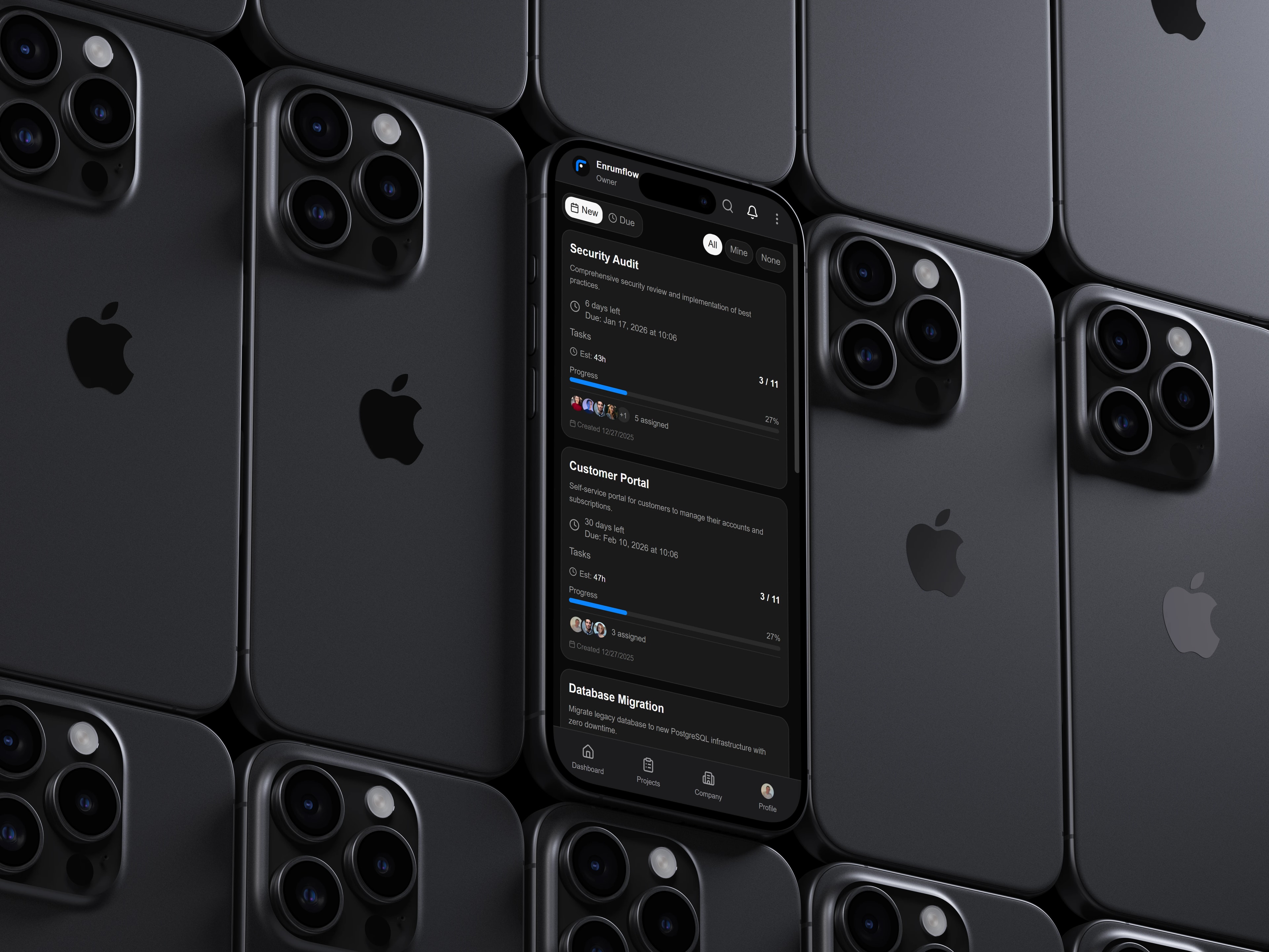 EnrumFlow mobile app showing project list on iPhone